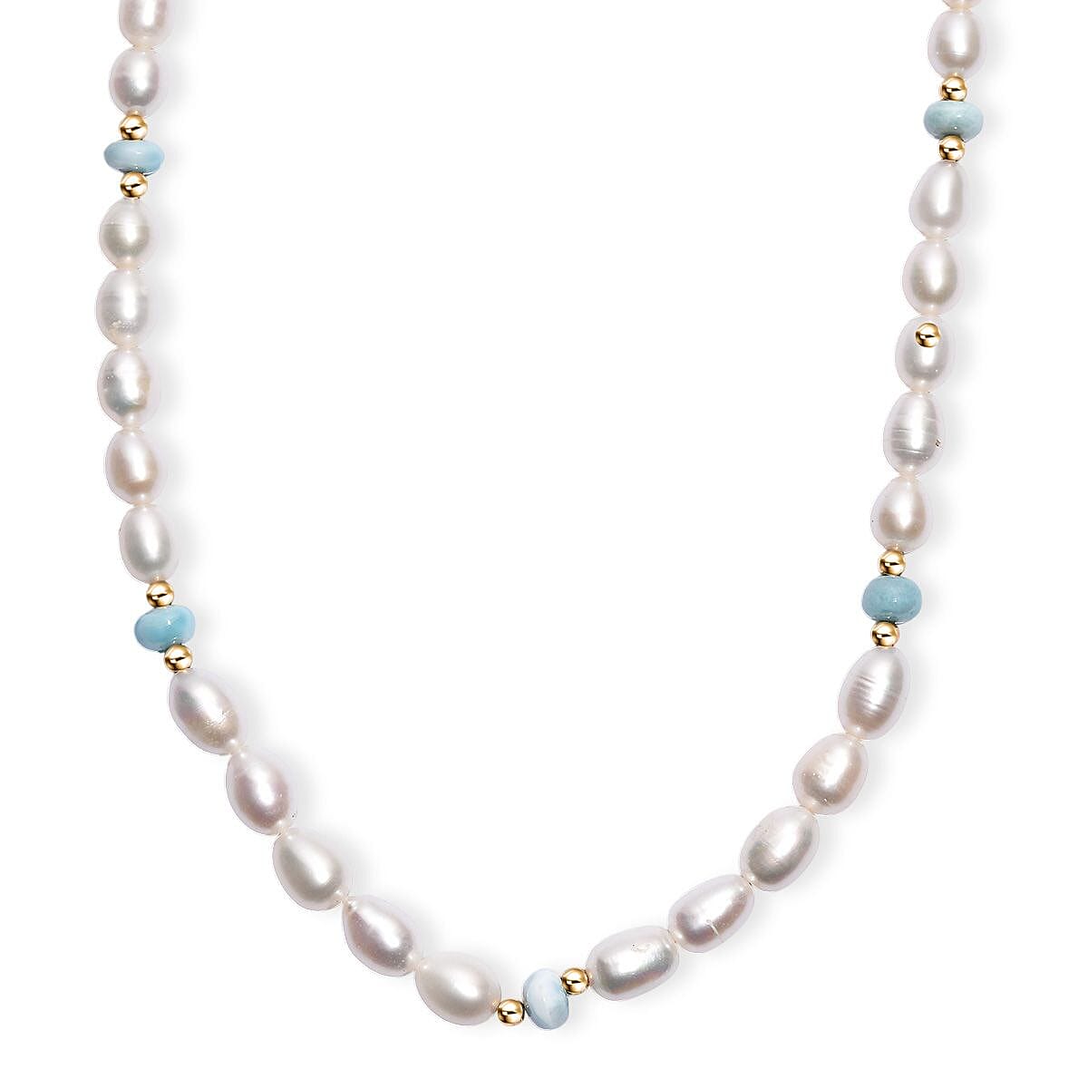 White Freshwater Pearl and Larimar 10.00 ctw Necklace in 18K Vermeil Yellow Gold Over Sterling Silver 18 Inches