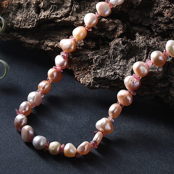 White Freshwater Pearl And Morro Redondo Pink Tourmaline 18 Ctw Necklace 18 Inches In 18K Vermeil Rose Gold Over Sterling Silver