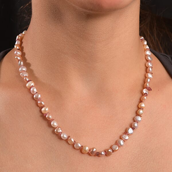 White Freshwater Pearl And Morro Redondo Pink Tourmaline 18 Ctw Necklace 18 Inches In 18K Vermeil Rose Gold Over Sterling Silver
