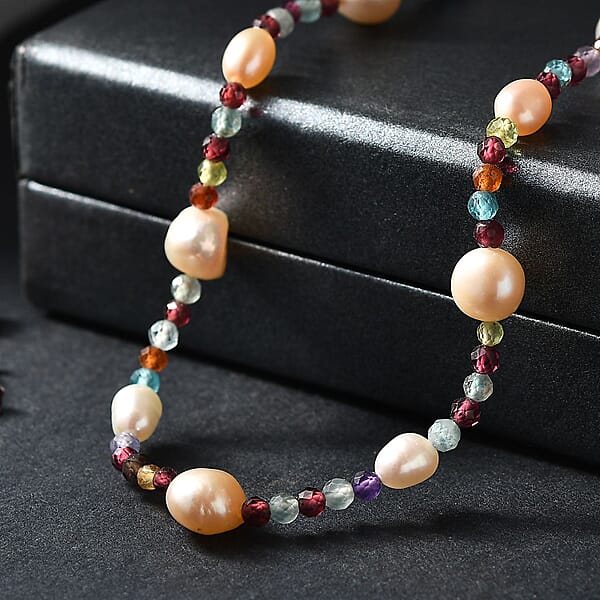 White Freshwater Pearl And Multi Gemstones 35.00 Ctw Necklace In Rhodium Over Sterling Silver 24 Inches