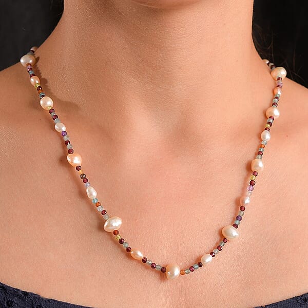 White Freshwater Pearl And Multi Gemstones 35.00 Ctw Necklace In Rhodium Over Sterling Silver 24 Inches