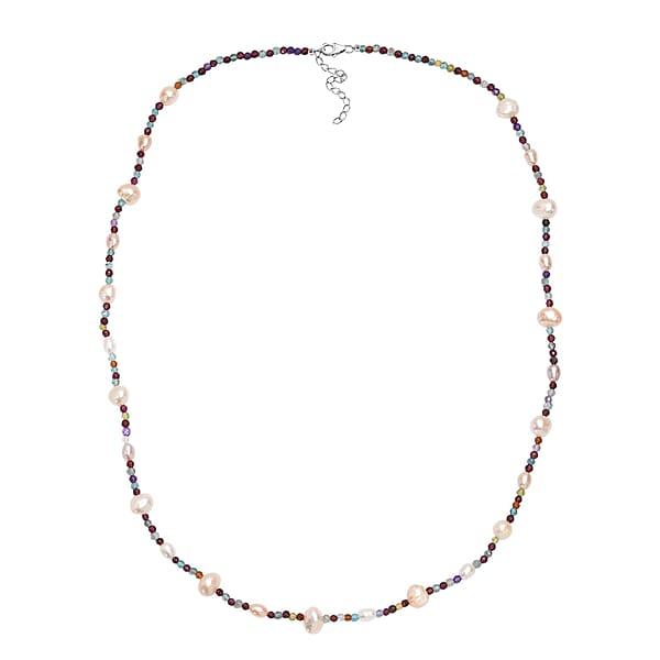 White Freshwater Pearl And Multi Gemstones 35.00 Ctw Necklace In Rhodium Over Sterling Silver 24 Inches