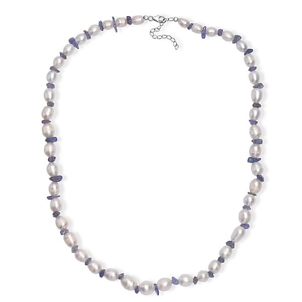 White Freshwater Pearl And Tanzanite 20 Ctw Moon Over Indigo Necklace 18 Inches In Rhodium Over Sterling Silver