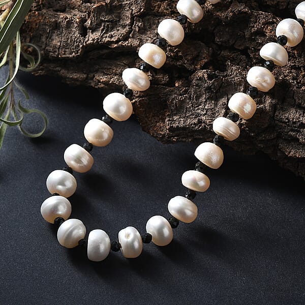 White Freshwater Pearl And Thai Black Spinel 12 Ctw Night And Light Necklace 18 Inches In Rhodium Over Sterling Silver