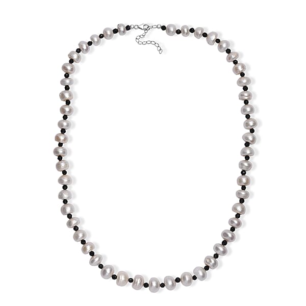 White Freshwater Pearl And Thai Black Spinel 12 Ctw Night And Light Necklace 18 Inches In Rhodium Over Sterling Silver