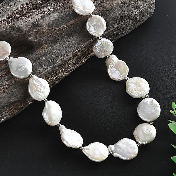 White Freshwater Pearl Fancy Necklace In Rhodium Over Sterling Silver 18 Inches
