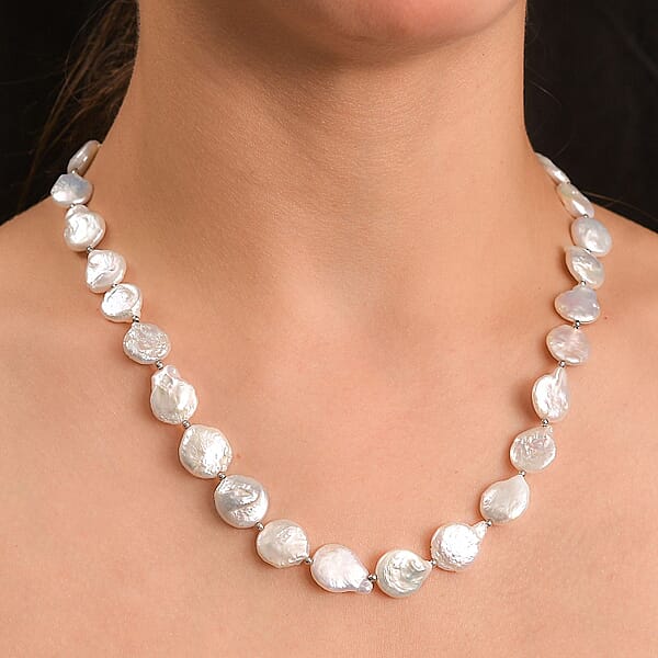 White Freshwater Pearl Fancy Necklace In Rhodium Over Sterling Silver 18 Inches