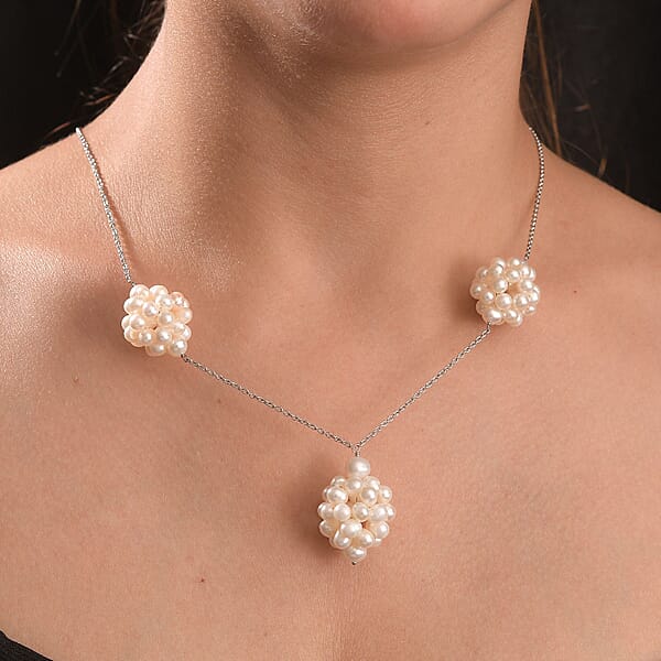 White Freshwater Pearl Necklace In Rhodium Over Sterling Silver 20 Inches