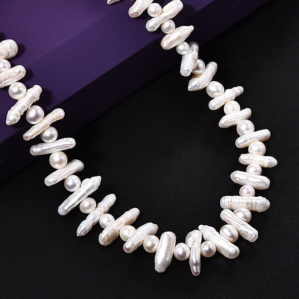 White Freshwater Pearl Necklace In Rhodium Over Sterling Silver 18 Inches