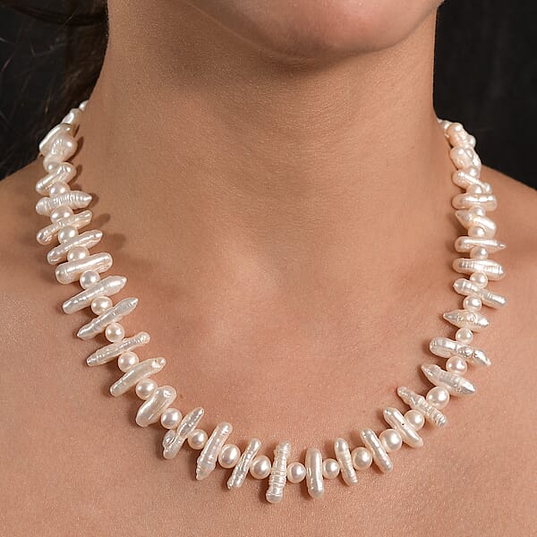White Freshwater Pearl Necklace In Rhodium Over Sterling Silver 18 Inches
