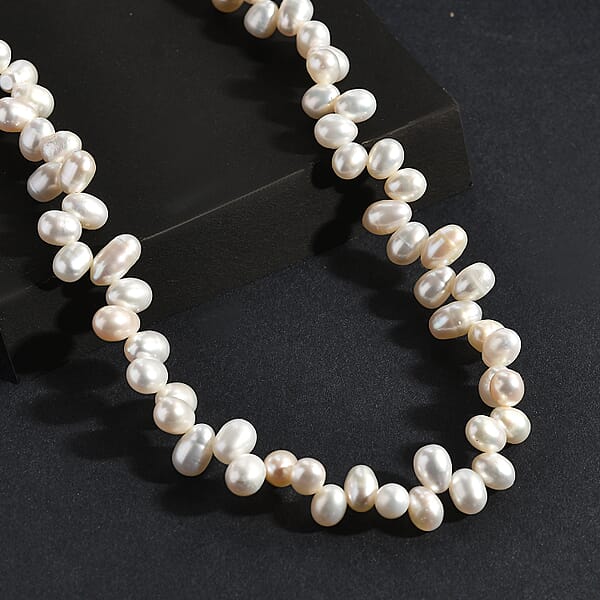 White Freshwater Pearl Oval Shape Bubble Necklace In Rhodium Over Sterling Silver 18 Inches