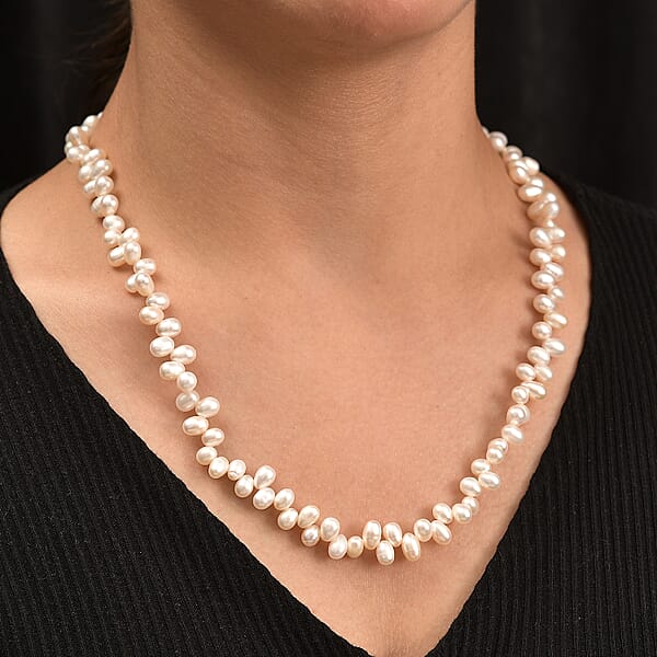 White Freshwater Pearl Oval Shape Bubble Necklace In Rhodium Over Sterling Silver 18 Inches