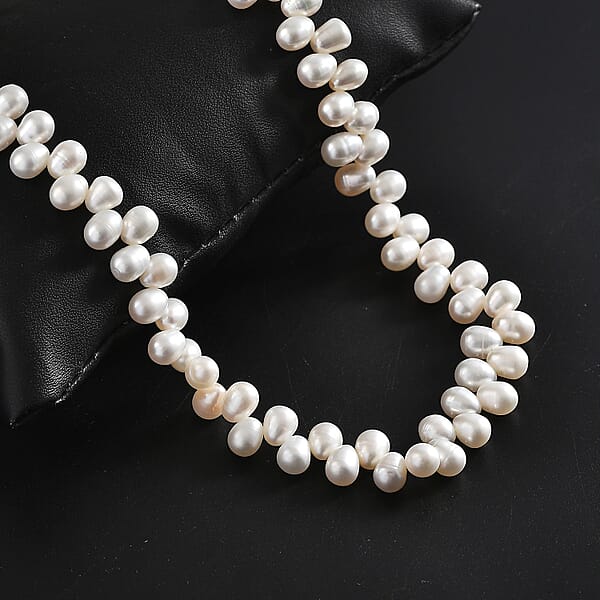 White Freshwater Pearl Oval Shape Dancing Bubbles Necklace In Rhodium Over Sterling Silver 18 Inches