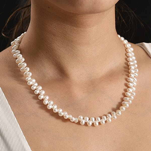 White Freshwater Pearl Oval Shape Dancing Bubbles Necklace In Rhodium Over Sterling Silver 18 Inches