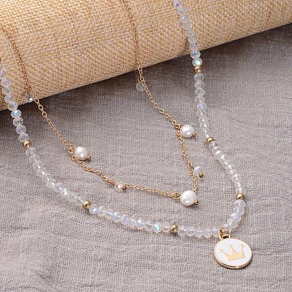 White Freshwater Pearl White Mystic Color Glass And Resin 2 Row Layered Necklace With Coin Charm 20.5 Inches In Goldtone