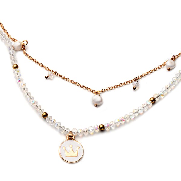 White Freshwater Pearl White Mystic Color Glass And Resin 2 Row Layered Necklace With Coin Charm 20.5 Inches In Goldtone