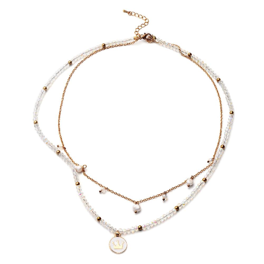White Freshwater Pearl White Mystic Color Glass and Resin 2 Row Layered Necklace with Coin Charm 20.5 Inches in Goldtone