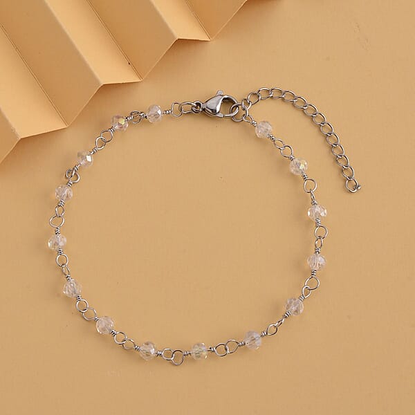 White Glass Beaded Station Bracelet In Stainless Steel (7.5-9Inches) Tarnish-Free Waterproof Sweat Proof Jewelry