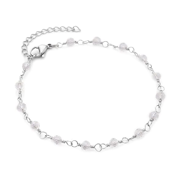 White Glass Beaded Station Bracelet In Stainless Steel (7.5-9Inches) Tarnish-Free Waterproof Sweat Proof Jewelry