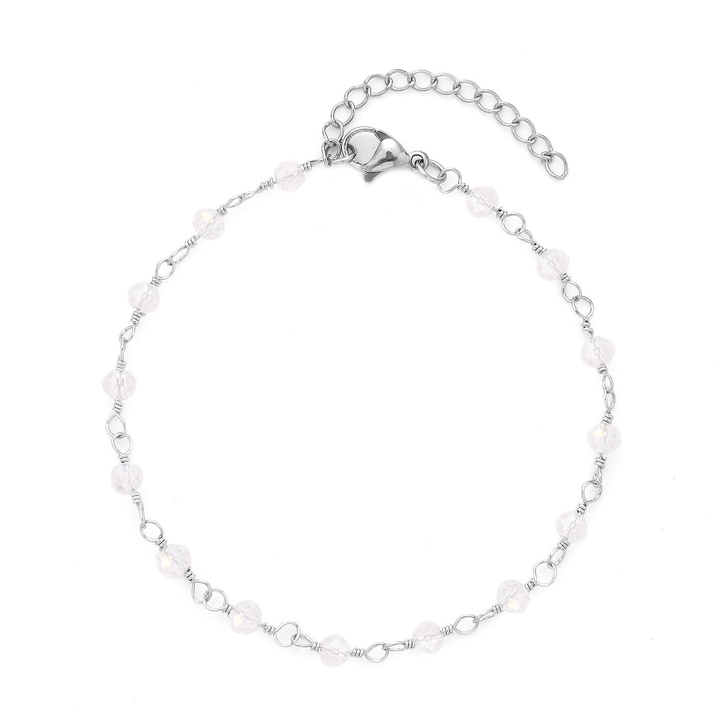 White Glass Beaded Station Bracelet in Stainless Steel (7.5-9Inches) Tarnish-Free Waterproof Sweat Proof Jewelry