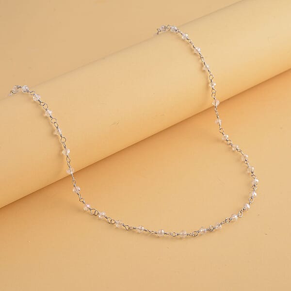 White Glass Beaded Station Necklace In Stainless Steel 20-22 Inches Tarnish-Free Waterproof Sweat Proof Jewelry
