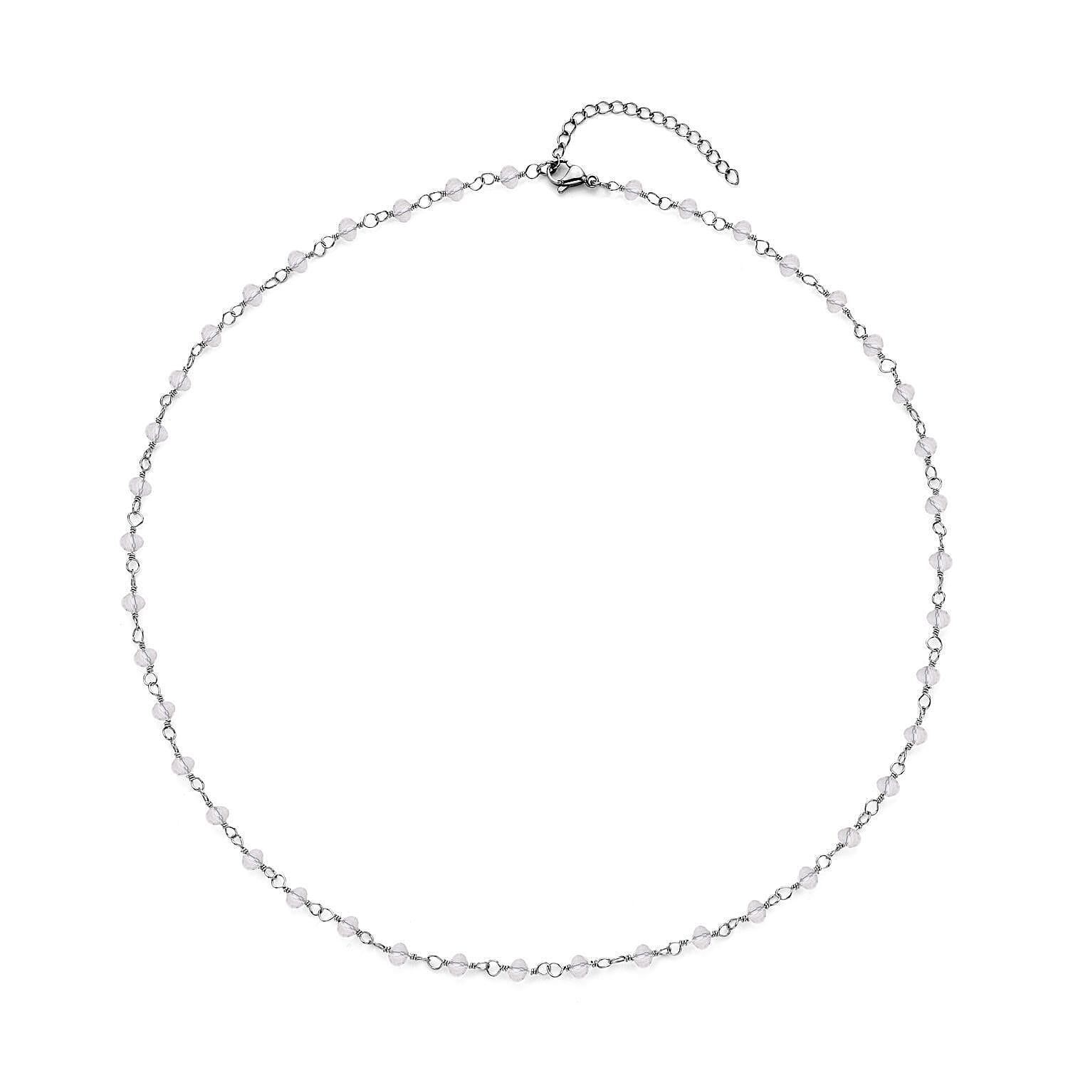 White Glass Beaded Station Necklace in Stainless Steel 20-22 Inches Tarnish-Free Waterproof Sweat Proof Jewelry