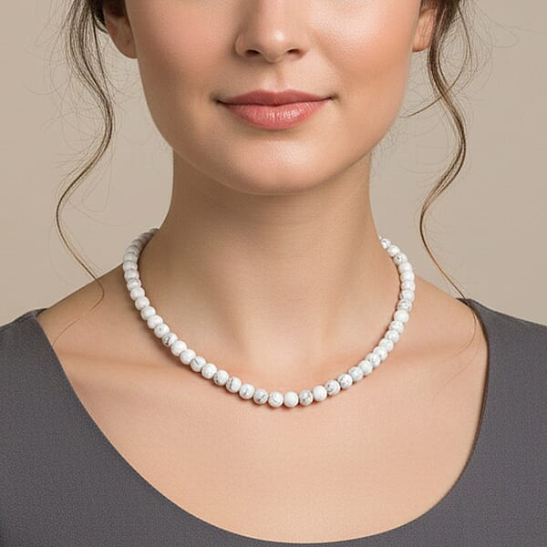 White Howlite Beaded Necklace With Magnetic Lock In Sterling Silver 150.00 Ctw (18 Inches)
