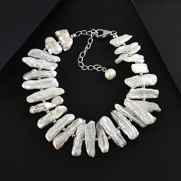 White Keshi Pearl Bracelet In Rhodium Over Sterling Silver (7.25 In)