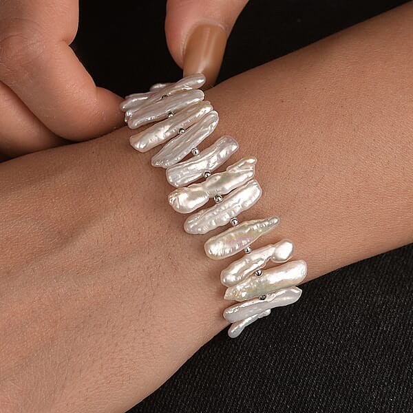 White Keshi Pearl Bracelet In Rhodium Over Sterling Silver (7.25 In)