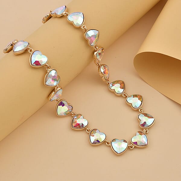 White Mystic Color Glass Heart Necklace 20-22 Inches In Goldtone