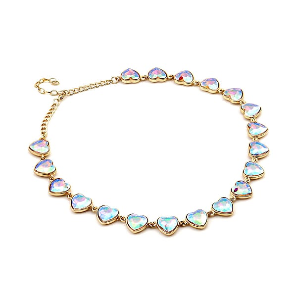 White Mystic Color Glass Heart Necklace 20-22 Inches In Goldtone
