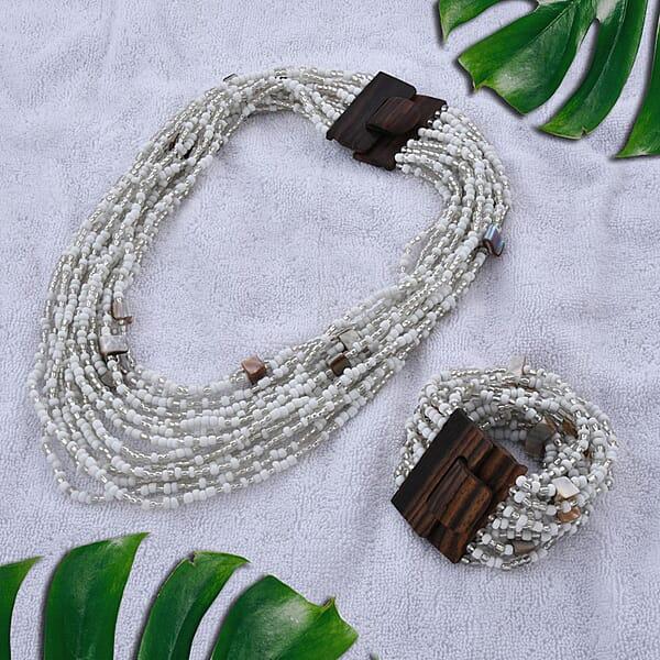 White Seed Beaded And Wooden Buckle Stretch Bracelet And Multi Strand Necklace 18 Inch
