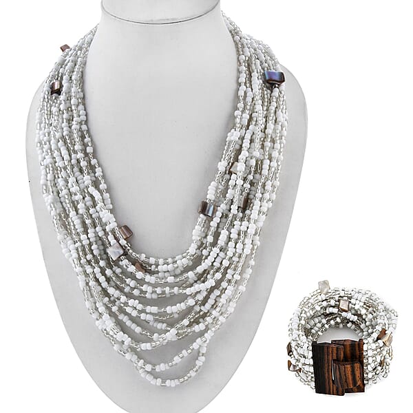 White Seed Beaded And Wooden Buckle Stretch Bracelet And Multi Strand Necklace 18 Inch
