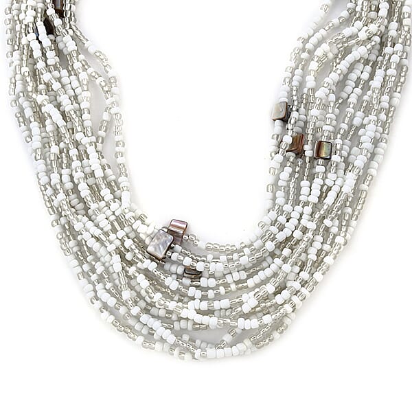 White Seed Beaded And Wooden Buckle Stretch Bracelet And Multi Strand Necklace 18 Inch