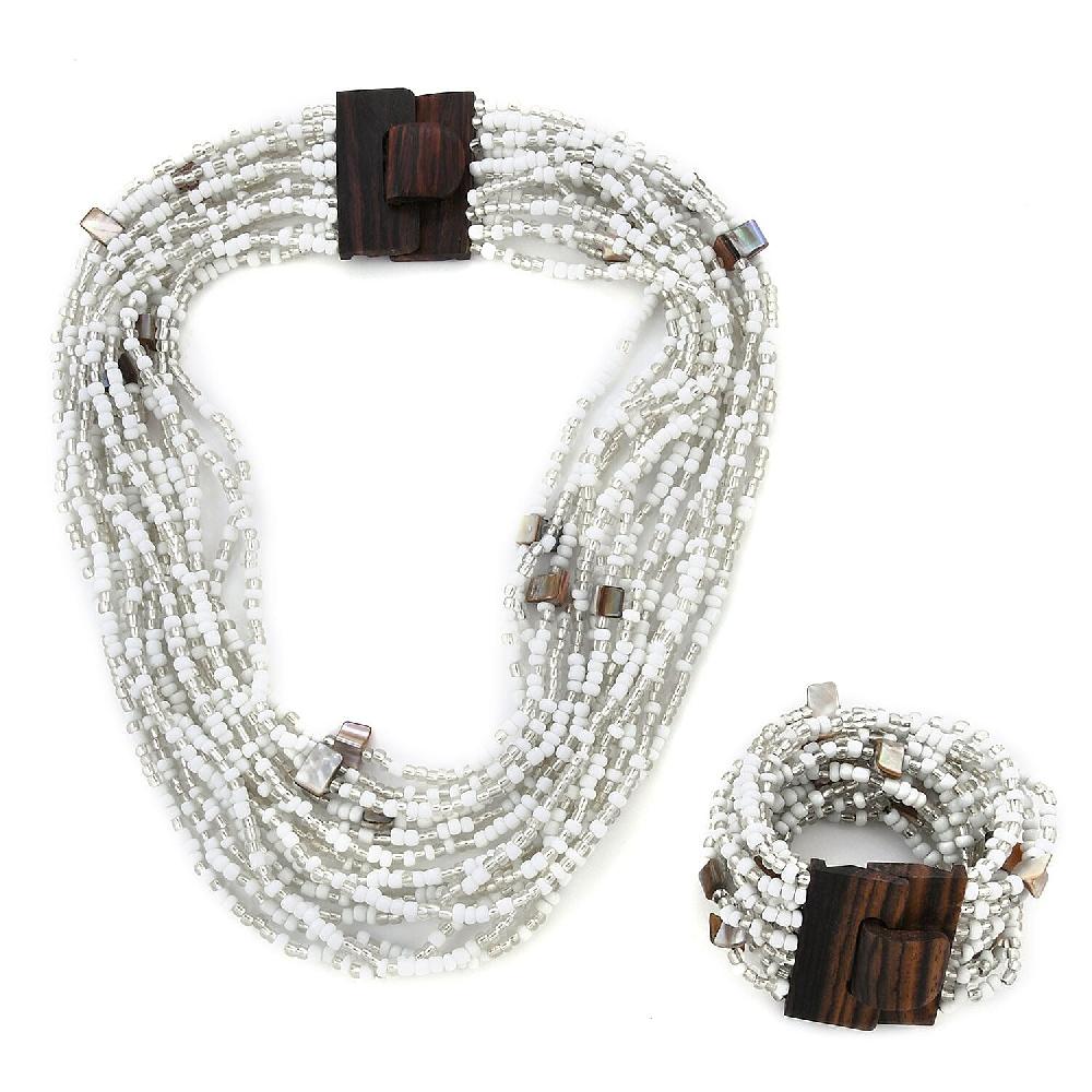 White Seed Beaded and Wooden Buckle Stretch Bracelet and Multi Strand Necklace 18 Inch