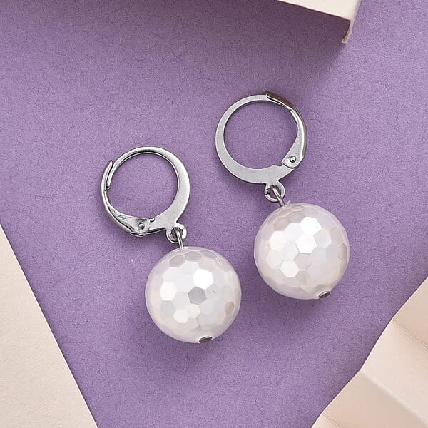 White Shell Faceted Pearl Dangling Earrings In Stainless Steel