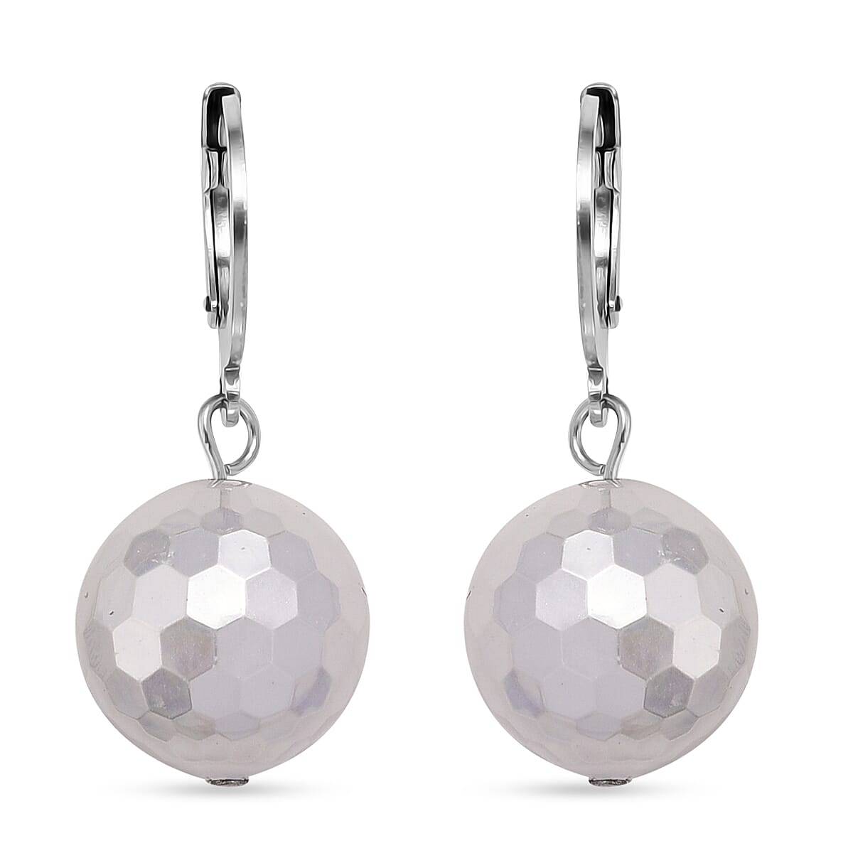 White Shell Faceted Pearl Dangling Earrings in Stainless Steel
