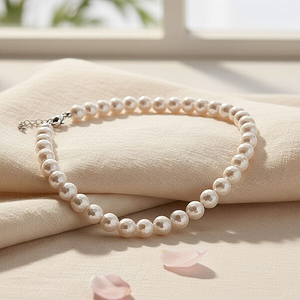 White Shell Faceted Pearl Necklace In Silvertone 20-22 Inches