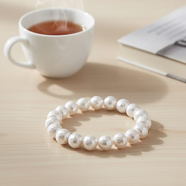 White Shell Faceted Pearl Stretch Bracelet (7-7.5In)