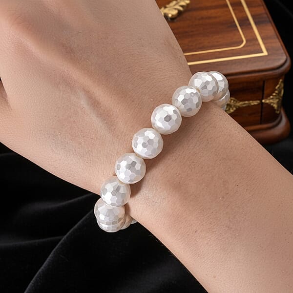 White Shell Faceted Pearl Stretch Bracelet (7-7.5In)
