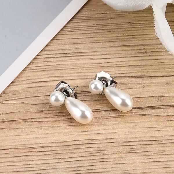 White Shell Pearl 6mm Drop Earrings In Stainless Steel