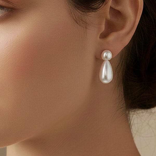 White Shell Pearl 6mm Drop Earrings In Stainless Steel