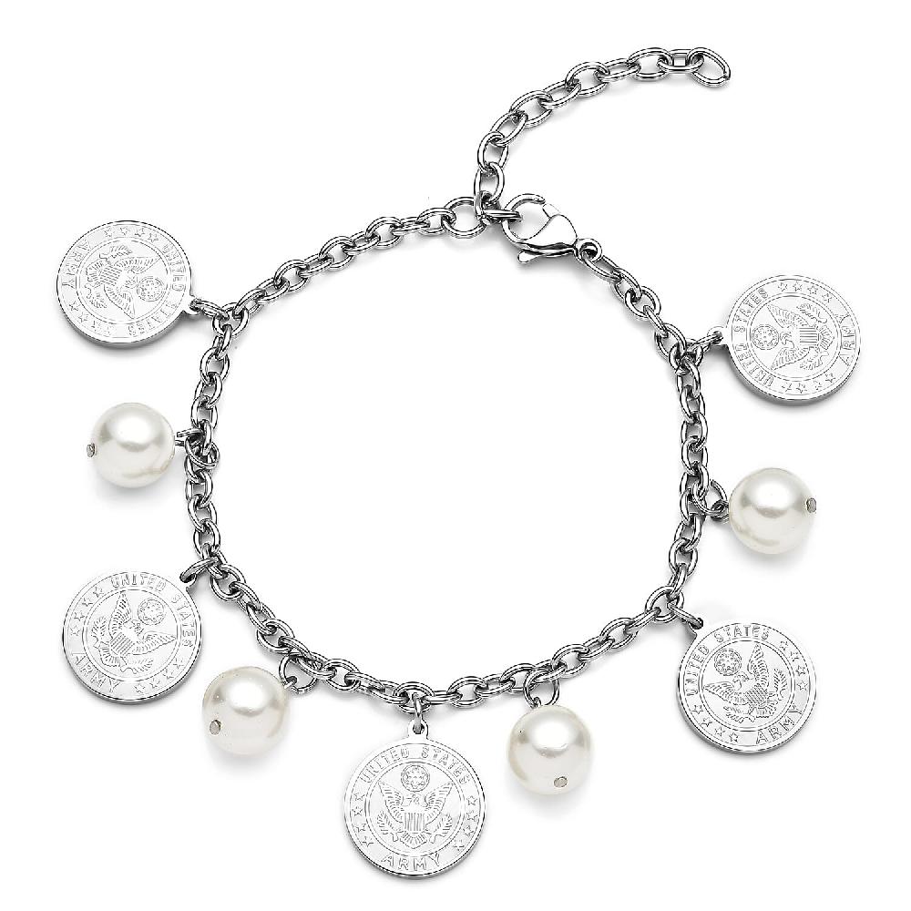 White Shell Pearl Coin Charm Bracelet in Stainless Steel (7.25 In) 1.00 ctw