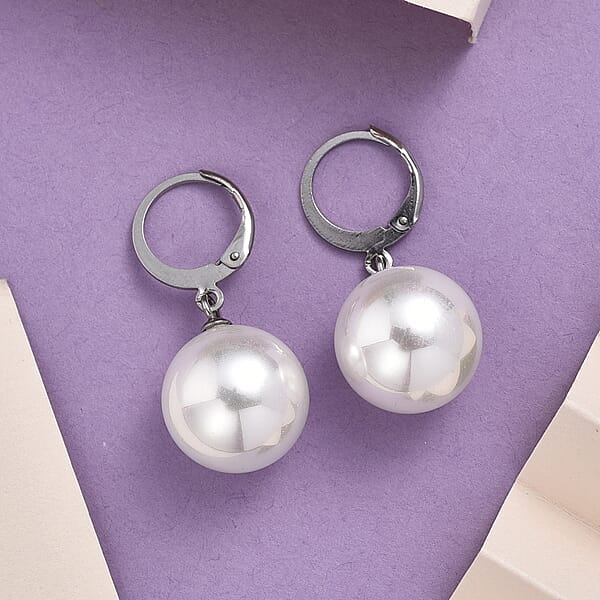 White Shell Pearl Dangling Earrings In Stainless Steel