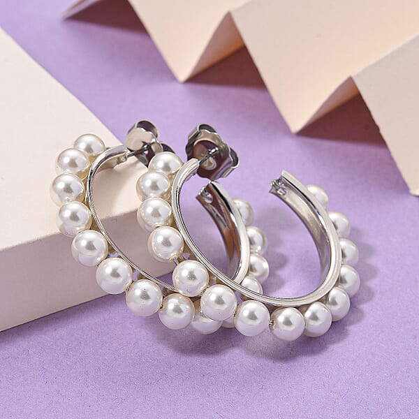 White Shell Pearl Hoop Earrings In Silvertone And Stainless Steel