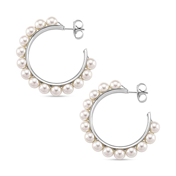White Shell Pearl Hoop Earrings In Silvertone And Stainless Steel