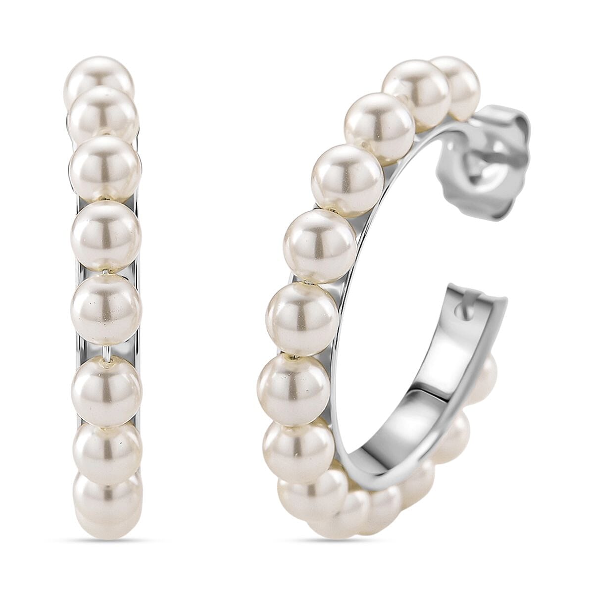 White Shell Pearl Hoop Earrings in Silvertone and Stainless Steel