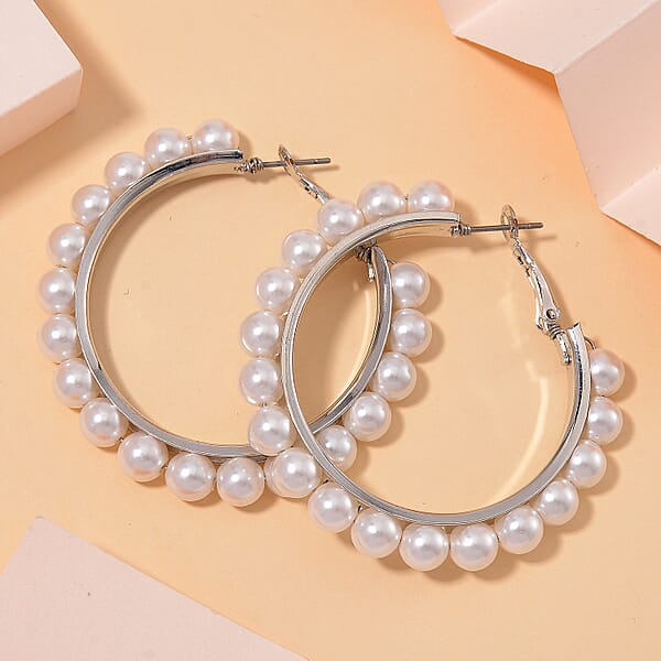 White Shell Pearl Hoop Earrings In Stainless Steel