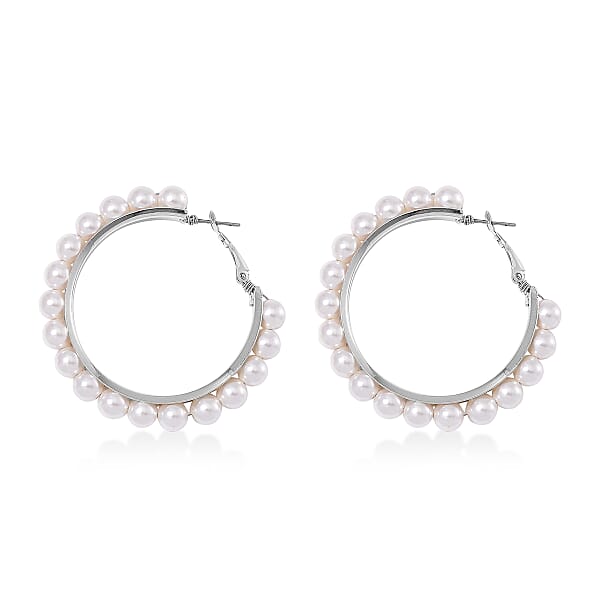 White Shell Pearl Hoop Earrings In Stainless Steel