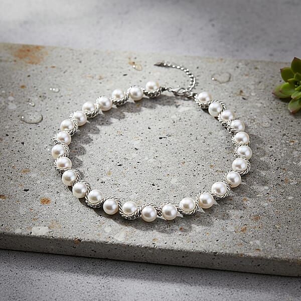 White Shell Pearl Twilight Waves Necklace In Stainless Steel 19.5-21.5 Inches